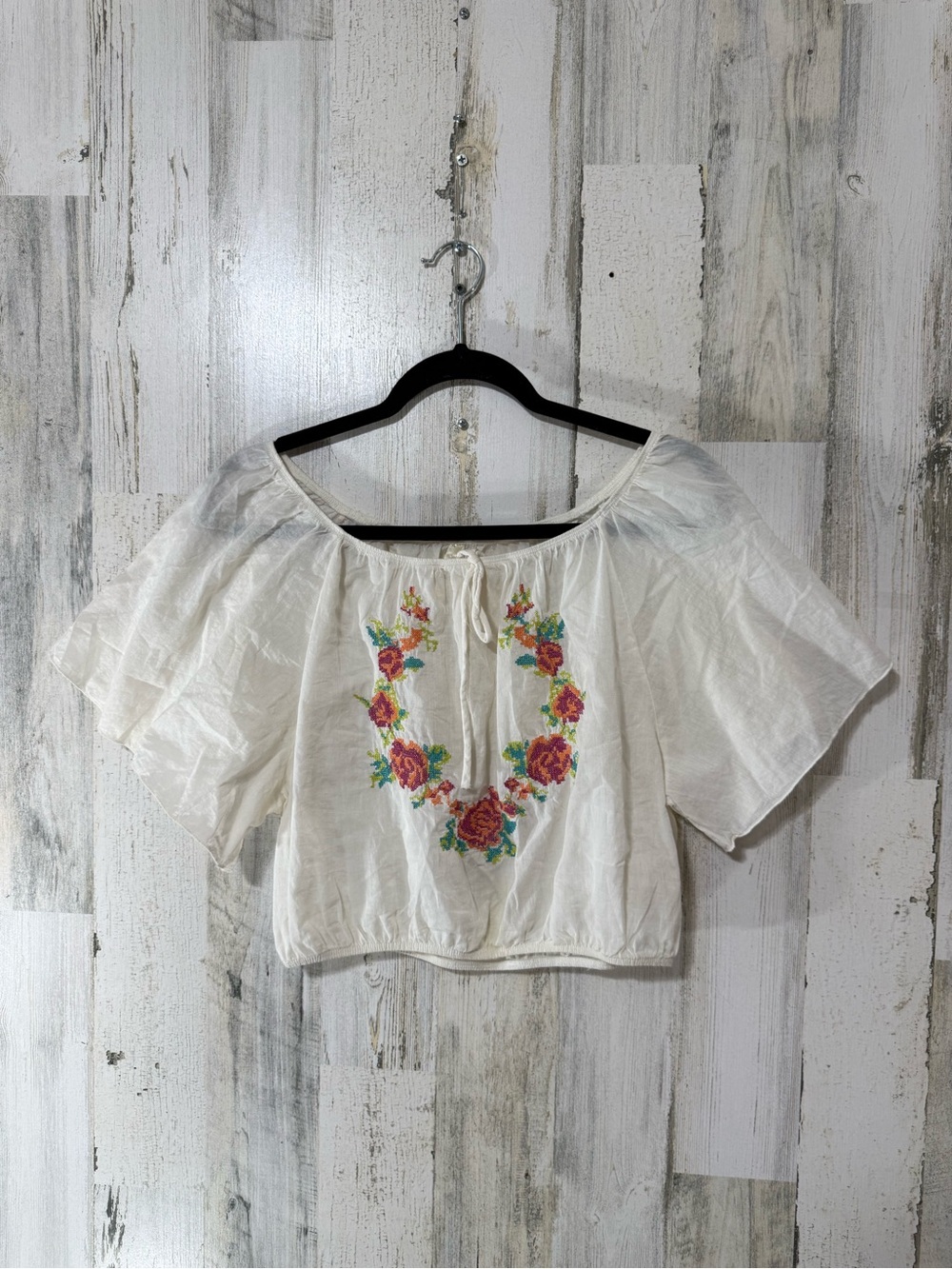 Truth Cream Peasant Crop Top Red and Green Floral Embroidery